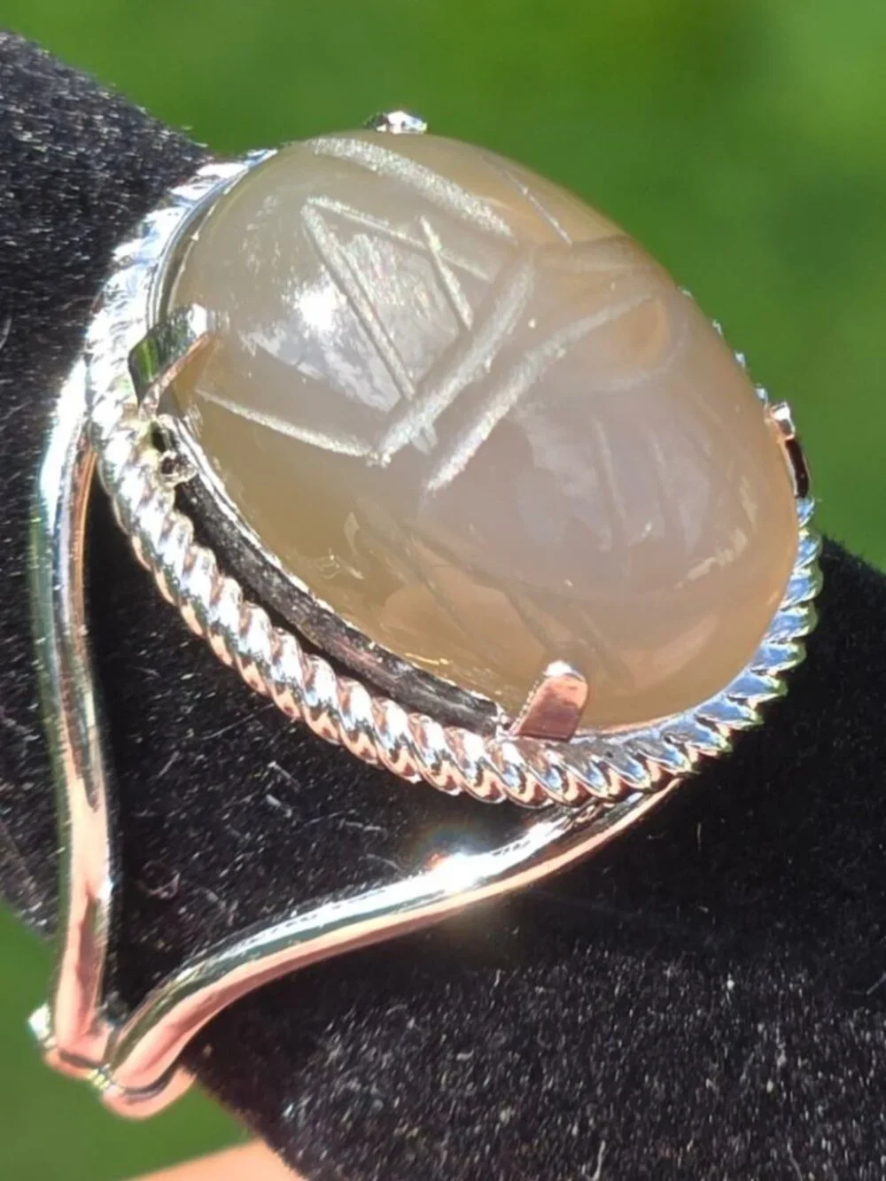 MCM Burt Cassell Scarab beetle ring stone 12K White GF Egyptian revival VTG 5.5